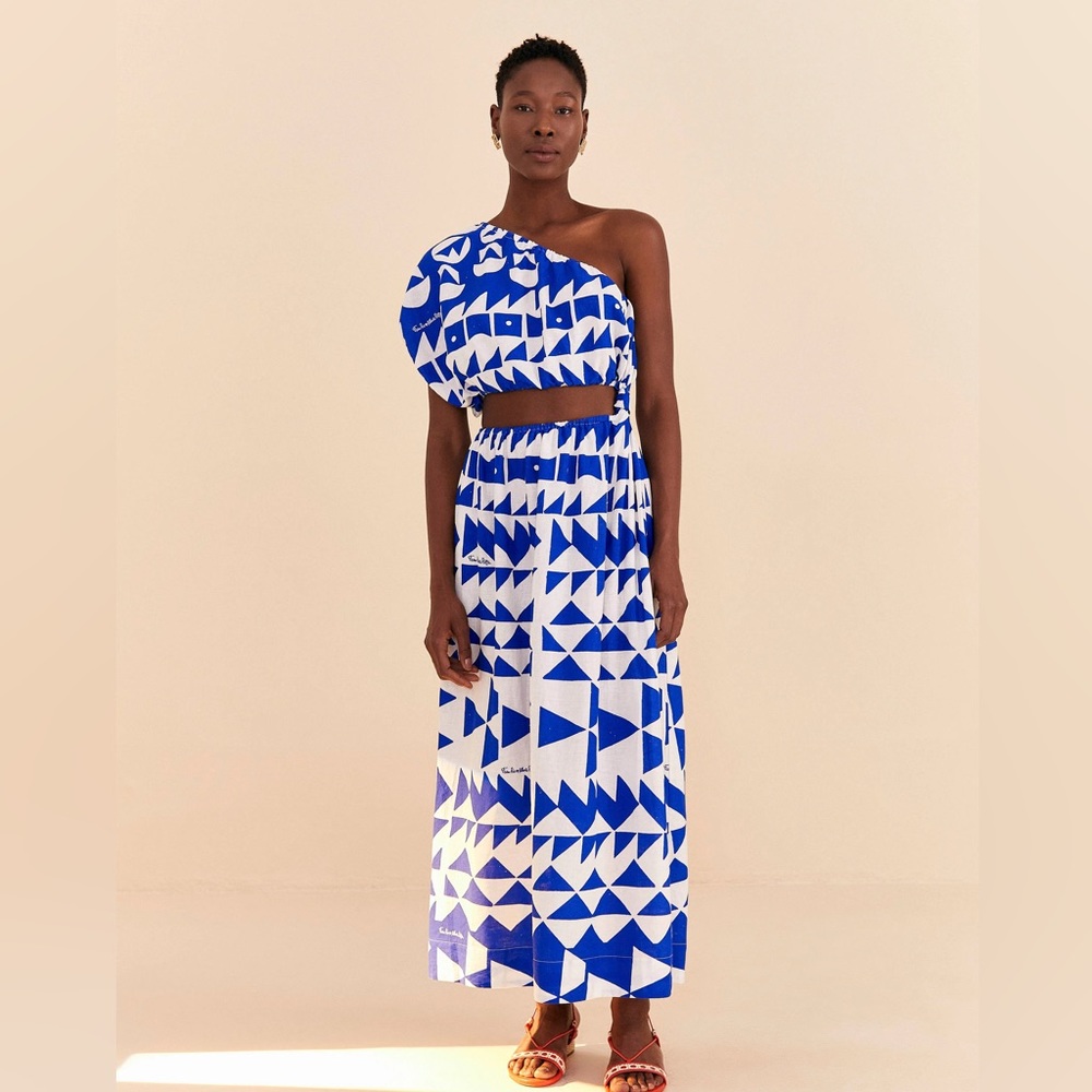 FARM Rio Blue and White One-Shoulder Geometric Maxi Dress